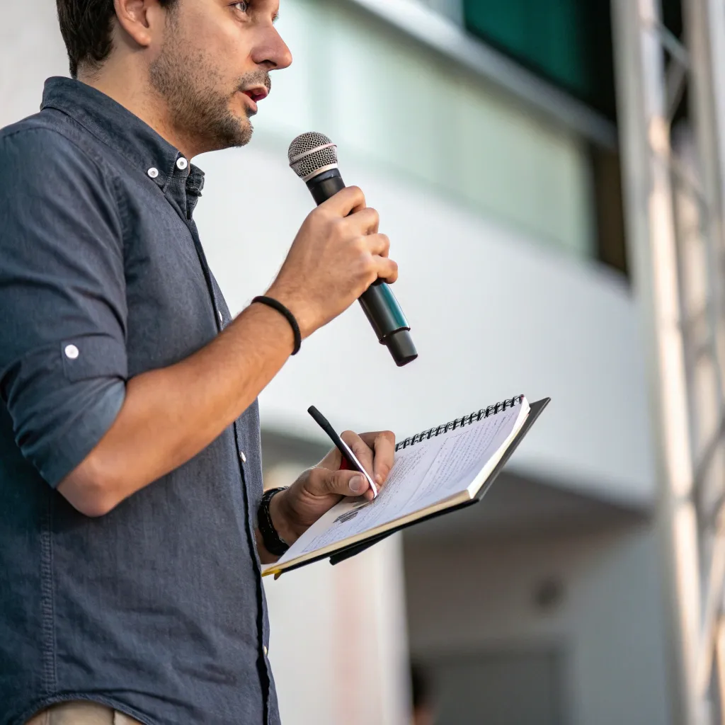 Man holding a microphone and notepad